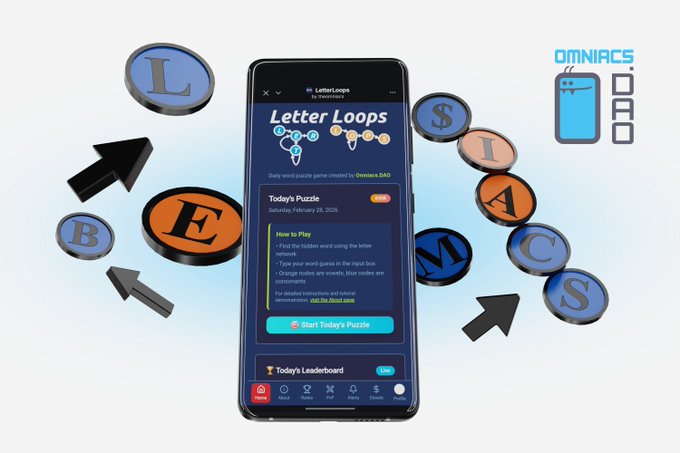 A promotional graphic for 'Letter Loops' by Omniacs, showing a mobile game screen with a word puzzle alongside scattered letter tokens (B, L, S, T, A, M, C).
