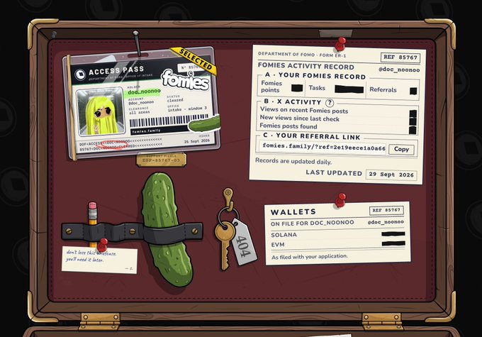 An illustrated digital bulletin board shows a 'FOMIES ACTIVITY RECORD' for 'doc_noonoo', including an access pass with a yellow character, a referral link, and a 'WALLETS' section.