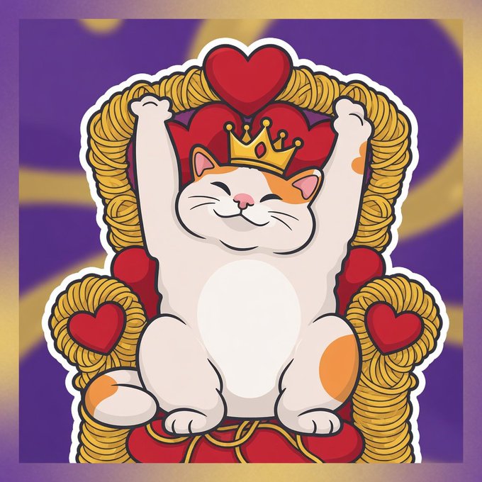 A cartoon sticker illustration of a smiling calico cat wearing a gold crown, sitting on a red heart-shaped throne with arms raised, set against a purple background.