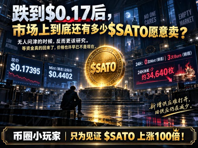 A promotional graphic for the cryptocurrency $SATO featuring a gold coin on a pedestal, with Chinese text discussing a price drop to $0.17 and a 100x price target, alongside a figure sitting in the dark.