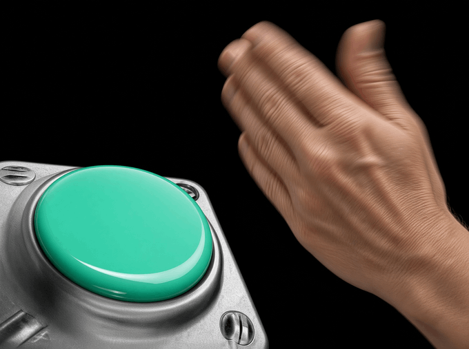 A hand is poised above a large green launch button on a metallic panel, about to press it against a dark background. The image visually reinforces the post's metaphor of pushing the "go" button to launch a project, marking the transition from troubleshooting ("everything's fixed") to a fresh start ("let's rerll").