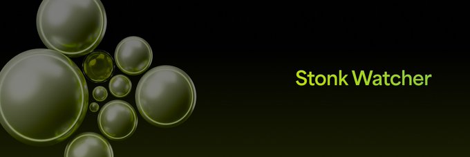 The banner features an abstract cluster of glossy olive-green spheres of varying sizes against a black gradient background, with the text "Stonk Watcher" displayed in light green on the right side. It serves as the newly added banner image for the Solana token $STWC on Moby, with the "Stonk Watcher" name likely referring to the project's branding or theme.