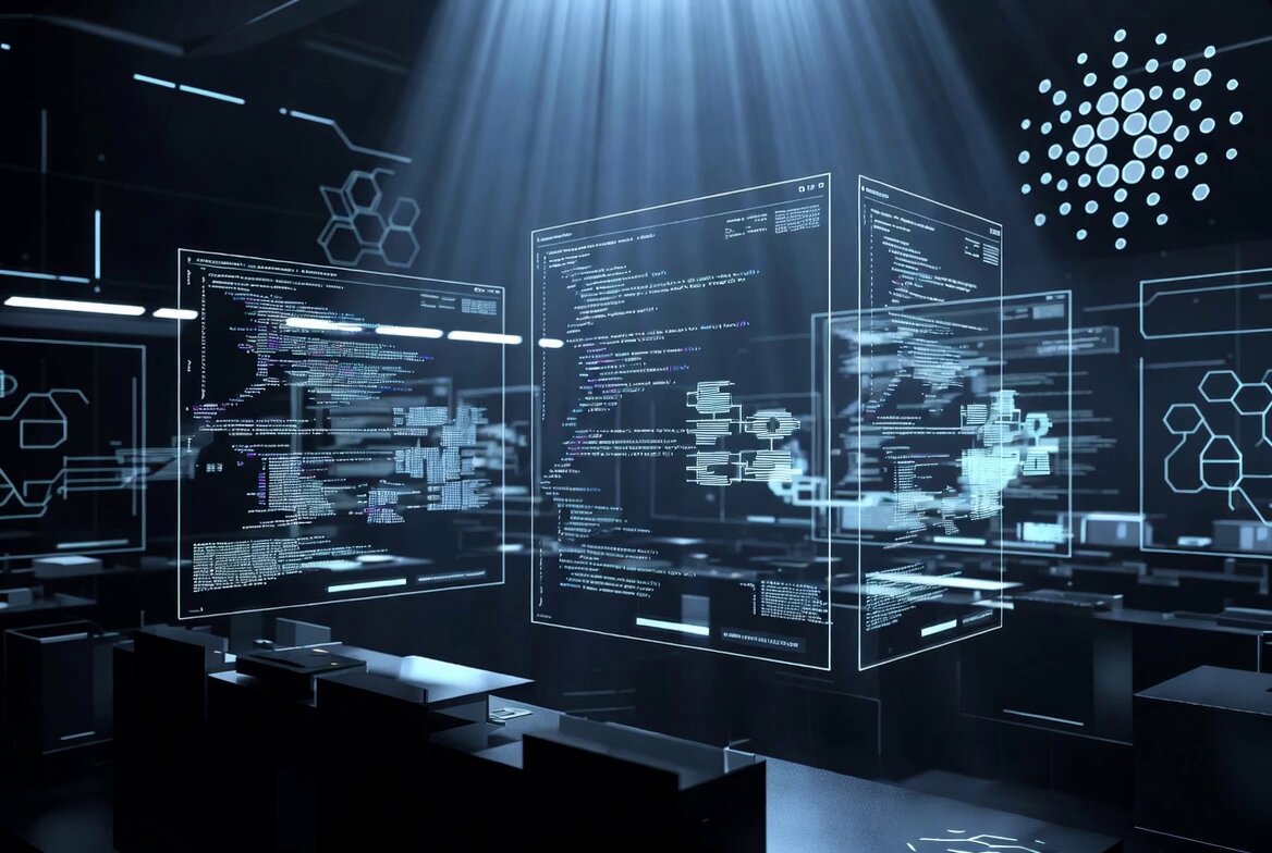 The image shows a futuristic office space with three computer screens displaying lines of code, possibly related to cryptocurrency or AI technology. The screens are illuminated by bright lights, creating an atmosphere of innovation and progress. The text "ADA Crypto spent years worshipping speed. Faster launches. Faster apps. Faster hype cycles. Now AI can inspect public code at machine speed. That changes the game. Formal verification. Deterministic execution. High-assurance development." suggests that this office space is focused on developing cutting-edge technology and pushing the boundaries of what's possible in terms of speed, efficiency, and accuracy.