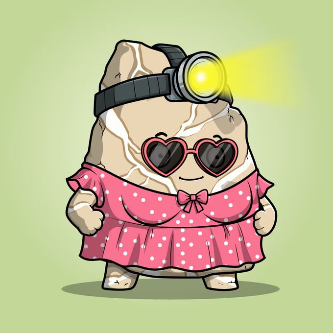 A cartoon illustration of a cute anthropomorphic rock wearing heart-shaped sunglasses, a pink polka-dot dress with a bow, and a headlamp that is turned on.