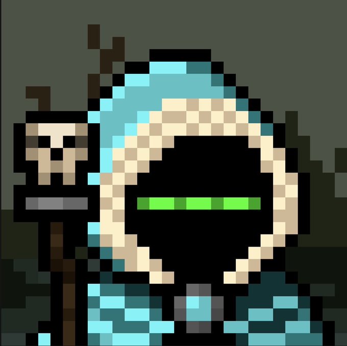 A pixel art illustration of a hooded figure with a dark visor showing a green loading bar, set against a dark background.