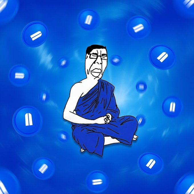The image features a cartoon depiction of a monk sitting cross-legged with his hands clasped together, surrounded by blue circles that appear to be floating or spinning around him. The monk's position and the arrangement of the circles create an interesting visual effect, drawing attention to the central figure in the scene.