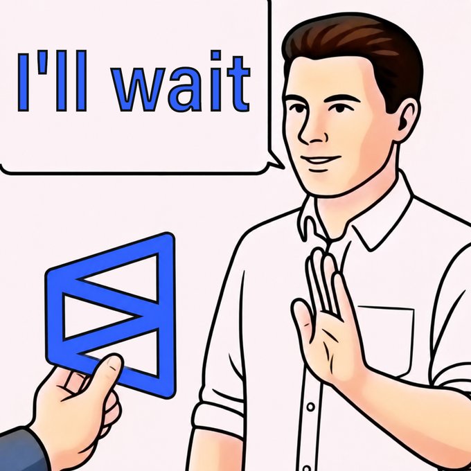 The image features a cartoon depiction of two men, one wearing a white shirt and holding a blue token with the word "POLY" written on it, while the other man is holding a blue token that says "I'll wait". The text in the image suggests that these tokens are related to a betting event or game. The post questions why the team would launch a token before the World Cup instead of after it, possibly implying that the current situation might not be ideal for maximizing fees during the event.