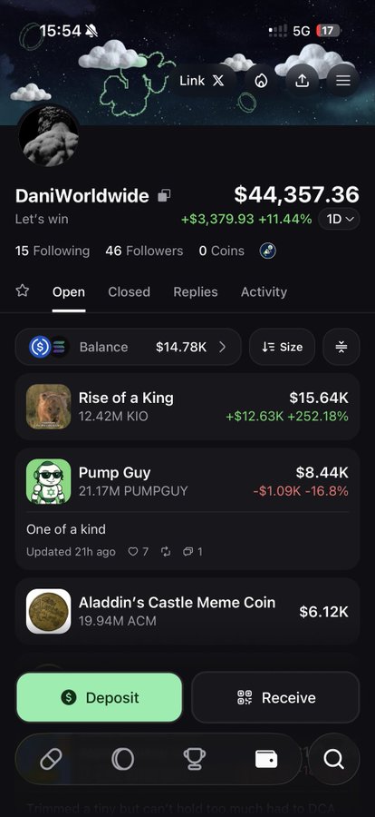 A mobile trading portfolio screen shows the account "DaniWorldwide" with a balance of $44,357.36, up +11.44%, holding positions in Rise of a King (+252.18%), Pump Guy (-16.8%), and Aladdin's Castle Meme Coin, supporting the post's claim of highlighting a consistent winner whose progress has been impressive enough to potentially reach $1M.