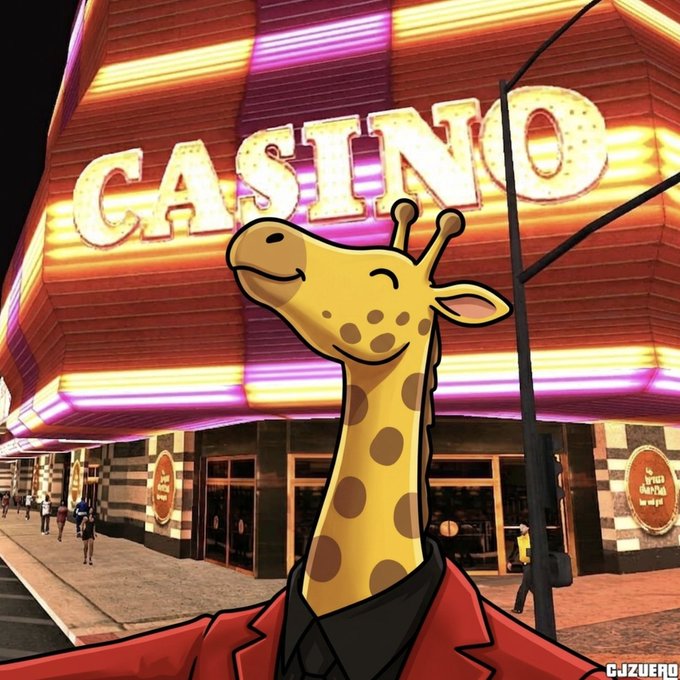 Cartoon giraffe character wearing a red jacket stands in front of a brightly lit 'CASINO' sign at night, credited to CJ ZUERO.