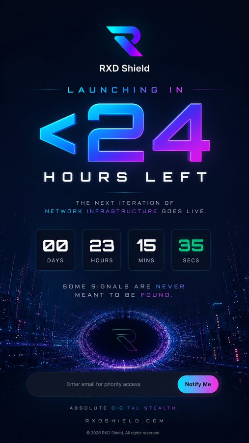 A promotional graphic for 'RXD Shield' advertising a launch in less than 24 hours, featuring a countdown timer and email signup at rxdshield.com.