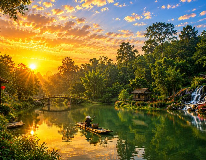 A scenic landscape showing a person in a conical hat on a bamboo raft floating down a river, with a stone bridge, lush trees, a waterfall, and a golden sunset.