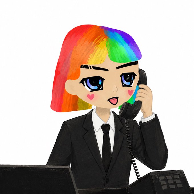 An anime-style illustration of a girl with rainbow-colored hair, heart cheek marks, and a black business suit, talking on a black telephone.