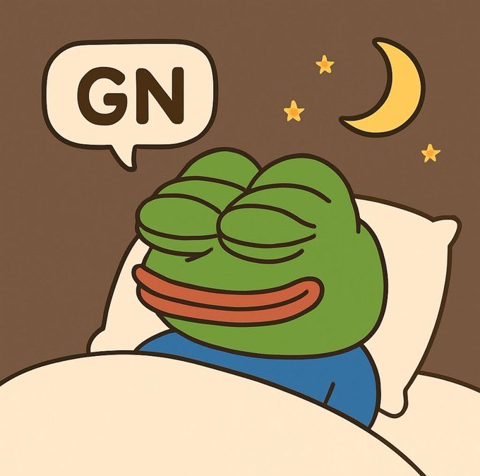 A cartoon image of a smiling green Pepe the Frog sleeping in bed with a 'GN' (good night) speech bubble and a moon and stars in the background.
