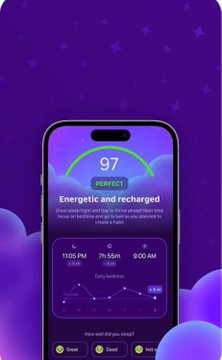 A smartphone screen displays a sleep-tracking app showing a score of '97 PERFECT' labeled 'Energetic and recharged,' along with metrics like '11:05 PM' sleep time, '7h 55m' duration, and '9:00 AM' wake time.