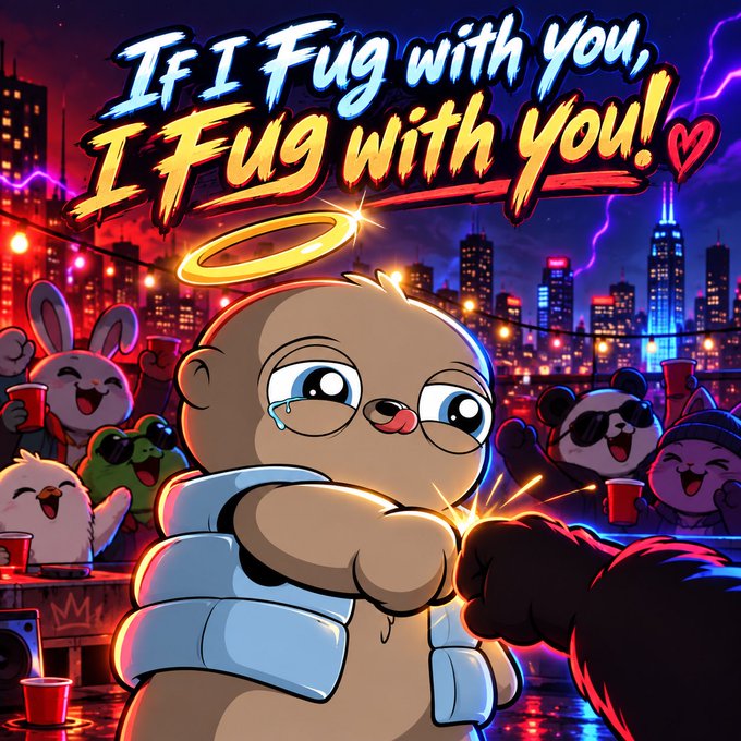 A cartoon image featuring a crying bear-like character wearing a halo, with the bold text 'If I Fug with you, I Fug with you!' set against a neon-lit cityscape with other animal characters watching.