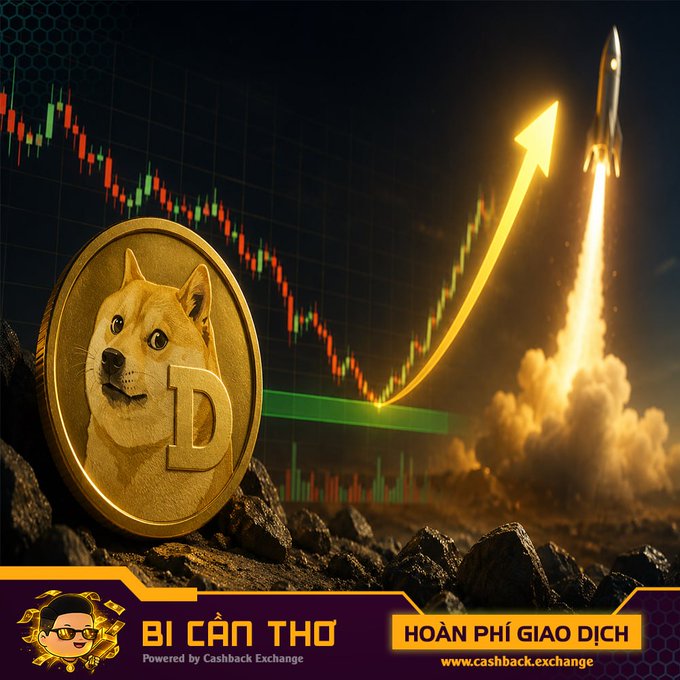 A promotional image for Cashback Exchange featuring a Dogecoin coin with a price chart and rocket launching upward, with text 'BÍ CẨN THƠ' and 'HOÀN PHÍ GIAO DỊCH'.