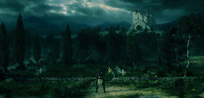 A dark, atmospheric scene from a video game showing a character holding a sword in a graveyard, with a large stone church in the background under cloudy skies.