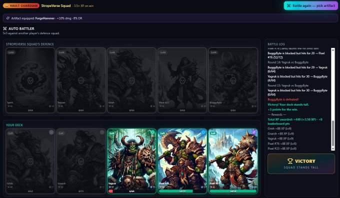 A gaming interface showing a 'Vault Guardian' battle log and victory screen with 'AUTO BATTLER' matchmaking, displaying squad lineups with characters like Vaygr, Yggrafyr, and Goblin, resulting in 'VICTORY - SQUAD STANDS TALL.'