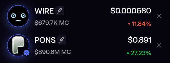 A dark-themed crypto price tracker displays two meme tokens: WIRE at $0.0000680 (down 11.84%, $679.7K MC) and PONS at $0.891 (up 27.23%, $890.6M MC).