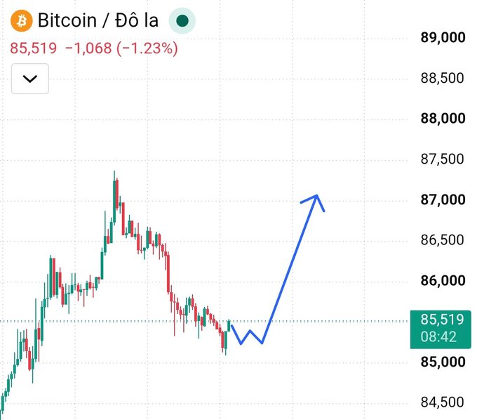 Bitcoin/USD chart priced at 85,519, down 1.23%, with a blue hand-drawn arrow illustrating a potential upward bounce from the $85,000 level.