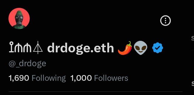 Twitter profile of @_drdoge showing the display name 'drdoge.eth' with 1,690 Following and 1,000 Followers, featuring alien, diamond, chili pepper, and alien emoji icons.