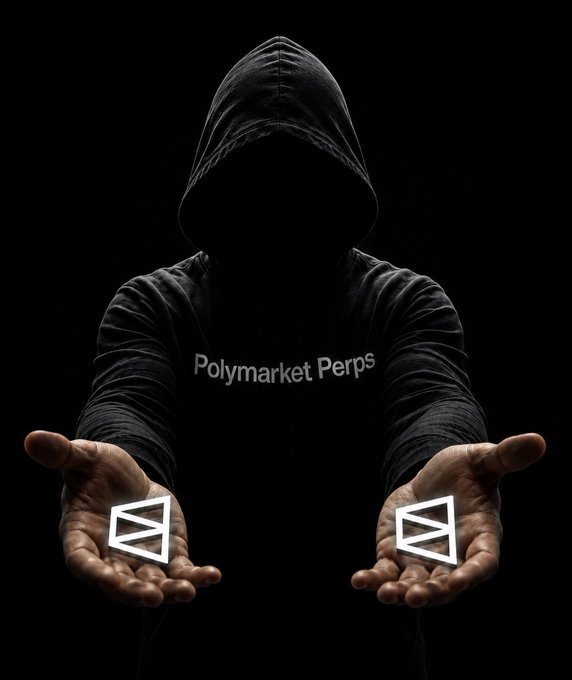 A hooded figure in a black hoodie labeled 'Polymarket Perps' holds out two hands, each cradling a white 'A' logo (likely Avalanche) against a dark background.