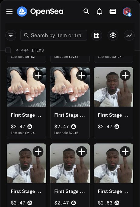 An OpenSea NFT marketplace screenshot showing 4,444 items with thumbnails featuring a woman's feet and a man making an obscene gesture, all priced at $2.47.