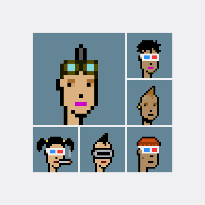 A pixel art illustration showing six stylized character faces, including one with VR goggles, 3D glasses, and a VR headset.