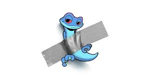 A cartoon image of a blue and teal lizard-like creature hugging a silver bar.