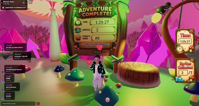 A screenshot of a vibrant virtual world game displaying an 'ADVENTURE COMPLETE!' board with a time of 1:29.27, 2 spirits collected, and a today's rank of #8, featuring a character standing in a colorful landscape with mushrooms and a chat overlay.