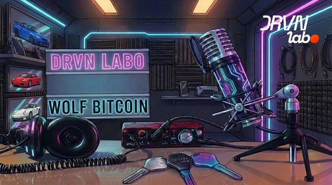 The image shows a stylized podcast or recording studio setup labeled "DRVN LAB," featuring a neon-lit microphone, car posters on the walls, two keys, a radio transceiver, and a sign reading "DRVN LABO WOLF BITCOIN." This visual connects to the post by introducing "DRVN LAB" as the platform discussing tokenization of vehicle ownership, with "vhcls" being the app and "WOLF BITCOIN" likely a featured guest or sponsor on the Thursday panel.