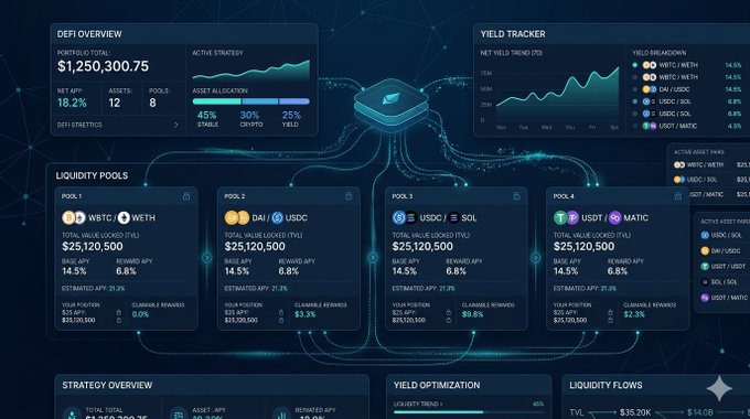 A digital dashboard titled 'DEFI OVERVIEW' displaying a portfolio total of $1,250,300.75 with sections for 'YIELD TRACKER', 'LIQUIDITY POOLS', and 'STRATEGY OVERVIEW', featuring various charts and metrics.