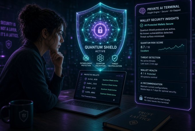 A futuristic illustration of a woman viewing a glowing 'Quantum Shield Active' hologram on a laptop, displaying wallet security insights with a risk score of 8.7/10.