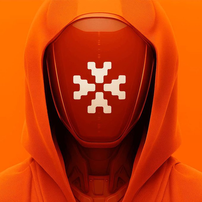 A hooded figure in an orange cloak with a red robotic visor displaying a white pixelated snowflake-like symbol against an orange background.