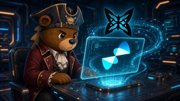 A cartoon bear dressed as an 18th-century naval captain stares intently at a glowing holographic display showing the Quip logo (stylized butterfly) and the Quantum Echoes "QE" icon, visually capturing the post's theme of anxiously awaiting the reveal of Quip Network's closed open-edition NFT collection (226k pieces) while obsessively checking whether the randomness job has started.