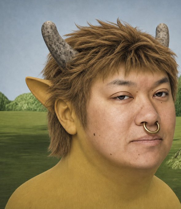 A digitally edited portrait of a man with brown hair, pointed elf ears, small horns, and a nose ring set against a grassy field background.
