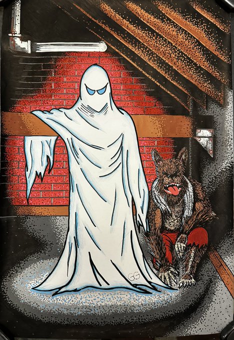 A vintage-style Halloween decoration depicting a ghost sheet and a werewolf creature hanging in an attic-like setting.