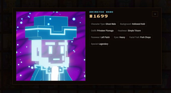 A video game character trading screen displays a pixelated ghost character with a blue hat and beard, labeled "ANIMATED RARE" and priced at "1699". The details list Character Type: Ghost Male, Background: Hollowed Hold, Outfit: Privateer Plunge, Headwear: Simple Tricorn, Facewear: Left Patch, Eyes: Heavy, Facial Trait: Pork Chops, and Special: Legendary.