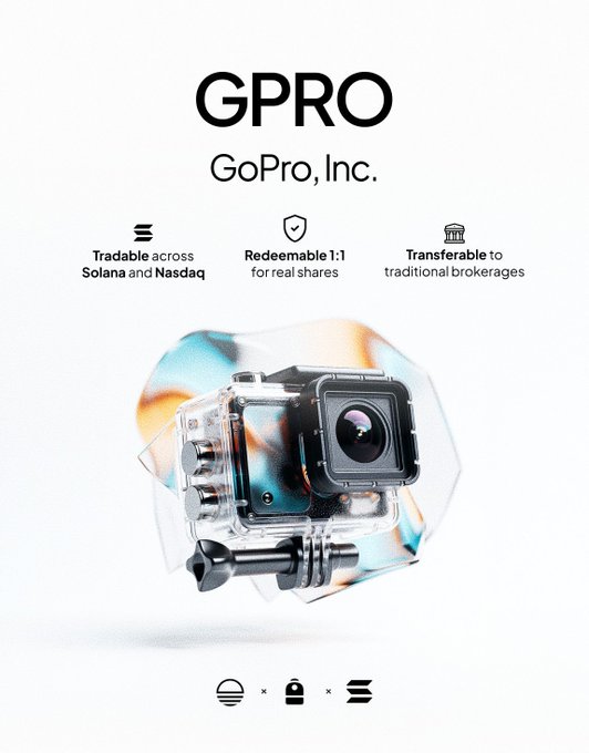 A promotional graphic for GPRO (GoPro, Inc.) stock token highlights that it is 'Tradable across Solana and Nasdaq,' 'Redeemable 1:1 for real shares,' and 'Transferable to traditional brokerages,' featuring a GoPro camera encased in crystal-like blocks.