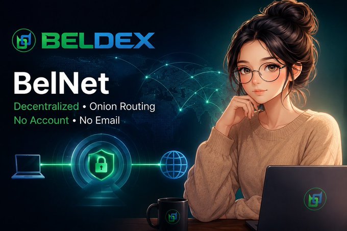 A promotional banner for 'BELDEX BelNet' featuring an illustrated woman with glasses and a laptop, advertising features like 'Decentralized', 'Onion Routing', 'No Account', and 'No Email'.