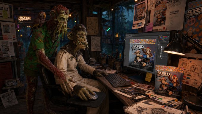 Two grotesque zombie-like creatures work at a computer desk in a cluttered, atmospheric room, editing what appears to be "Bored Monkey" artwork displayed on the monitor.