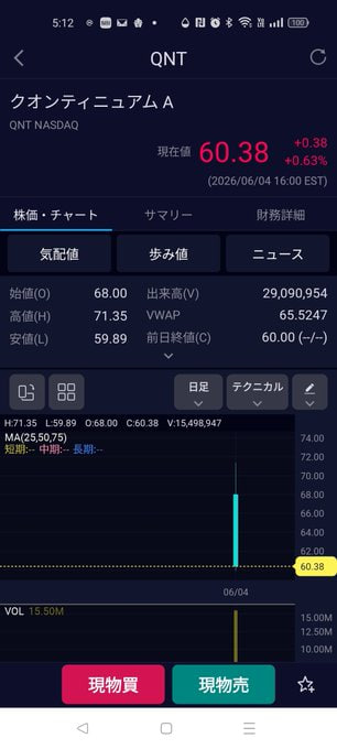The image shows a smartphone screen displaying various stock market data with numbers and prices written in different languages, including Japanese. A title that says "Quantinuum (QNT)" is also visible. The next big thing after artificial intelligence might be quantum computing, as suggested by the quote provided within the image. The post suggests that AI and machine learning are rapidly advancing fields, potentially leading to groundbreaking developments in various industries, such as finance, healthcare, and transportation.