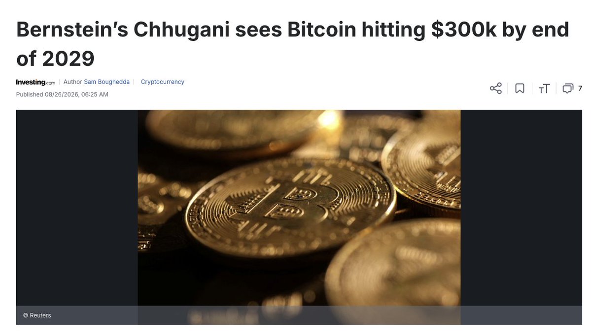 A news article screenshot from Investing.com (published 08/26/2026) with the headline "Bernstein's Chhugani sees Bitcoin hitting $300k by end of 2029," featuring a close-up image of physical Bitcoin coins, reinforcing the post's claim that major financial firms like Bernstein are projecting massive Bitcoin price gains ($125K by end of 2026, $300K by 2029) as a "debasement" trade.