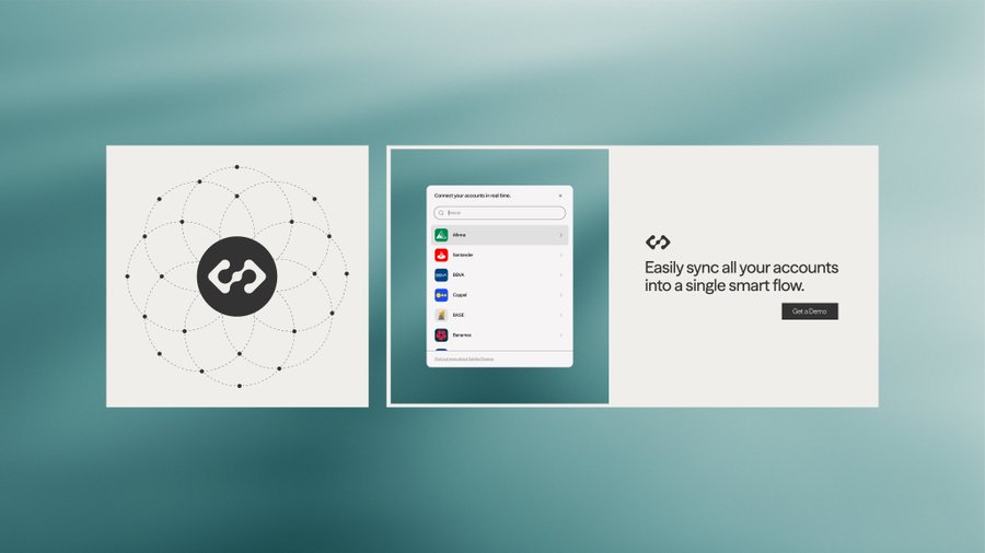 A minimalist teal interface displays a geometric logo, an account connection menu with options like Robinhood, Santander, and Coinbase, and the text 'Easily sync all your accounts into a single smart flow' with a 'Get a Demo' button.