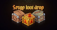 A graphic displays the glowing text "Stzqp loot drop" above three ornate treasure chests against a dark background.