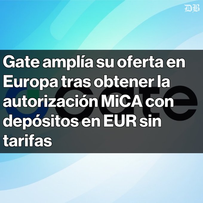 A Spanish-language news graphic with text reading 'Gate amplía su oferta en Europa tras obtener la autorización MiCA con depósitos en EUR sin tarifas' overlaid on a blue background with a faded 'gate' logo.