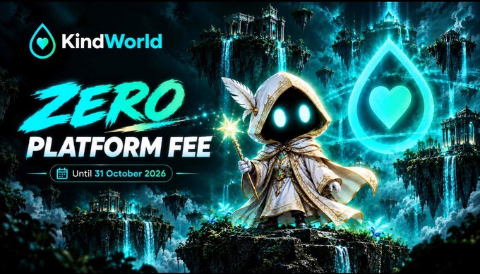 A fantasy-themed promotional banner for KindWorld featuring a hooded figure with glowing eyes holding a magical staff, set against a backdrop of floating islands and waterfalls. The banner announces "ZERO PLATFORM FEE" until 31 October 2026, visually reinforcing the post's message about KindSwap's fee-free trading offer on their platform.