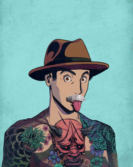 A stylized cartoon portrait of a man with a mustache, fedora, and tongue sticking out, featuring colorful tattoos including a demon face on his chest against a turquoise background.