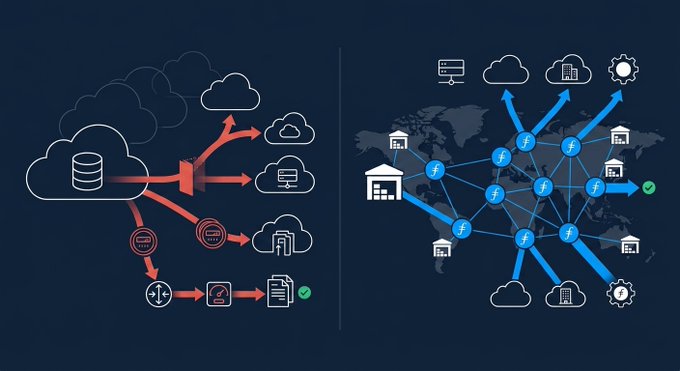 The graphic contrasts centralized cloud storage (left, with data funneling through a single database) against a decentralized network (right, with interconnected "ƒ" nodes spanning a global map) — visually reinforcing the post's point that Filecoin's already-deployed decentralized storage is insulated from the centralized NAND/SSD contract price spikes forecast for Q1 2026.