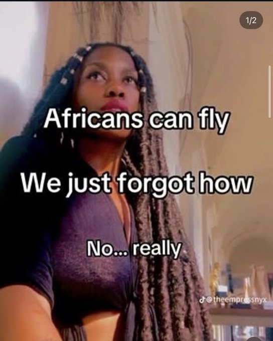 A TikTok screenshot showing a woman with text overlay reading 'Africans can fly / We just forgot how / No... really' by @theempressnyx.